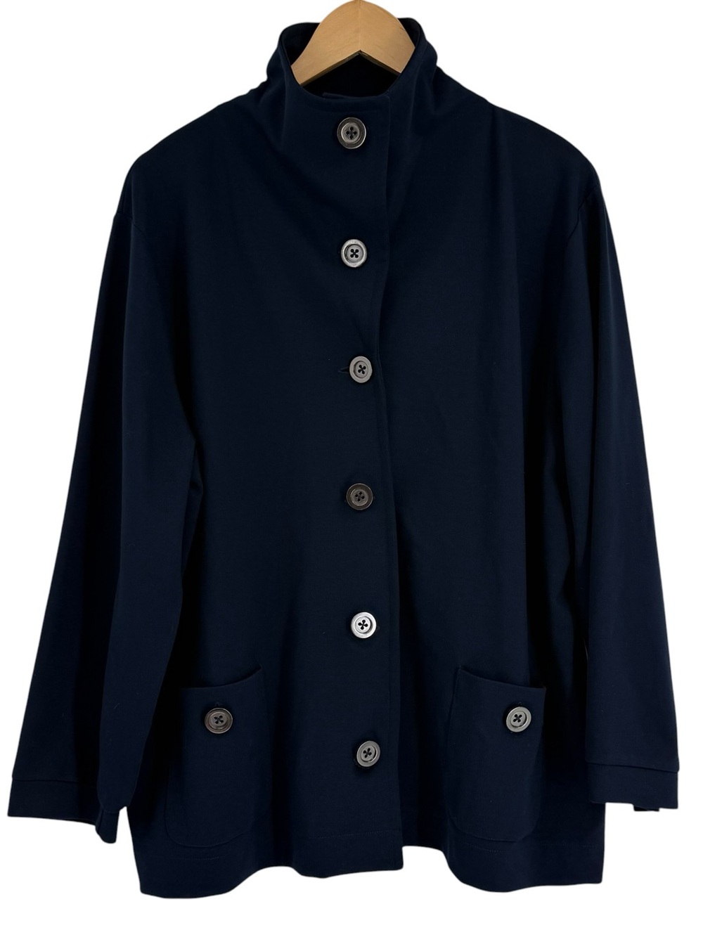 Talbots 2X Blue Knit Blazer Jacket Closet Staple Pockets Button Up Career